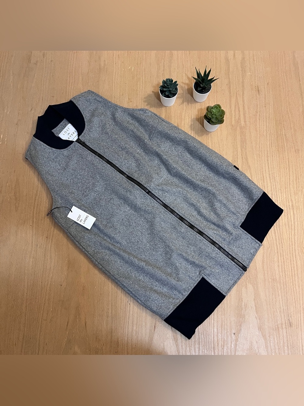 NWT Lost In Layers Long Grey Wool Blend Zip Up Vest in size S/M